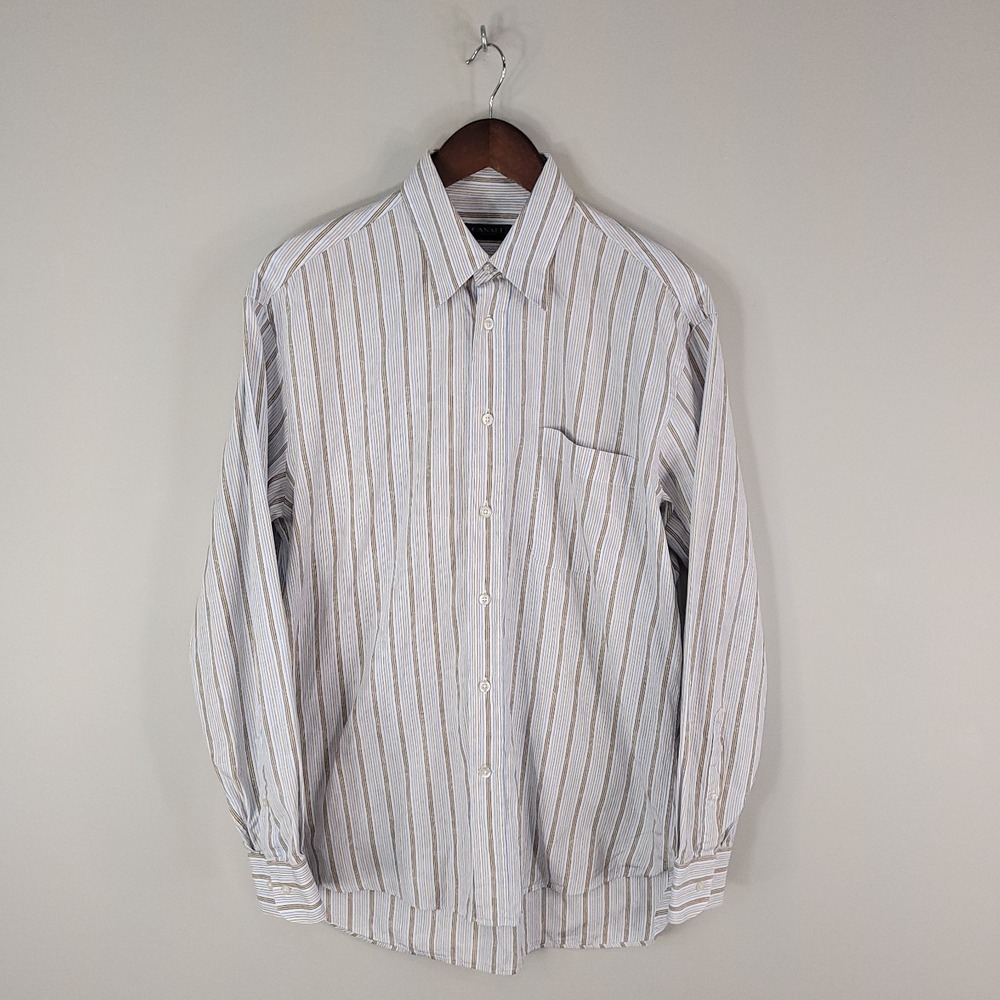 Canali Shirt Mens‎ Medium Brown Blue Striped Sport Button Up Long Sleeve Italy